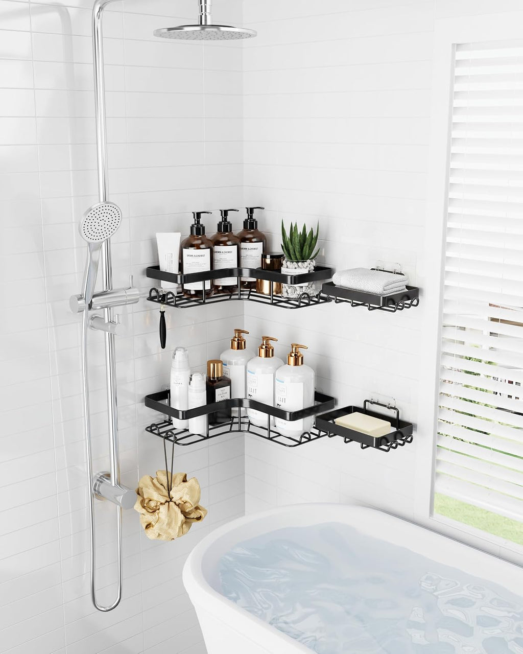 Sakugi Corner Shower Caddy, Large, 4-Pack, Soap & Toothbrush Holder, Black