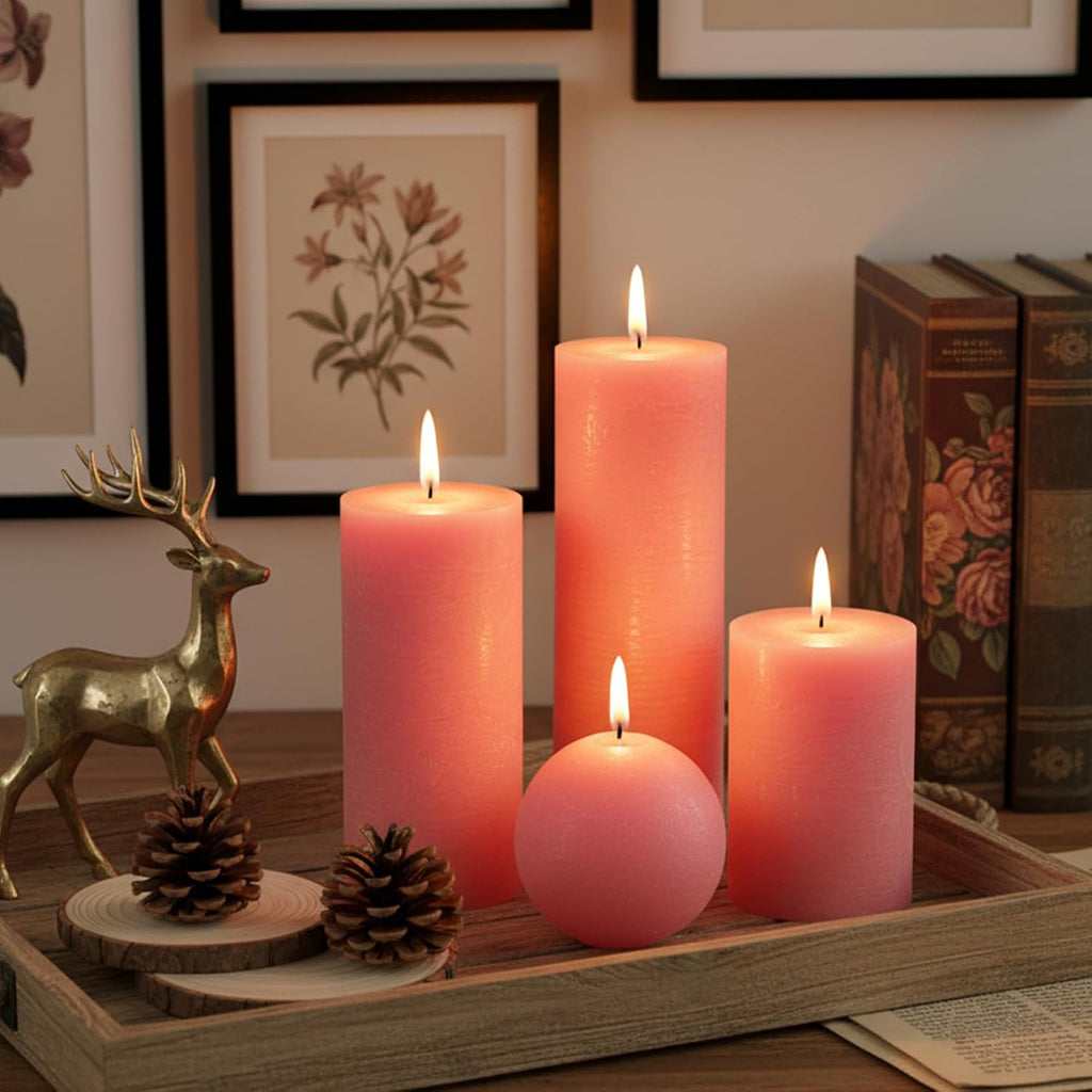 Pink Textured Pillar Candles Set - 4 Pcs Assorted Sizes Rustic Unscented Pillar Candle, Decorative Farmhouse Candles for Home Centerpiece Decor, Holiday Dinner Table, Dripless & Smokeless