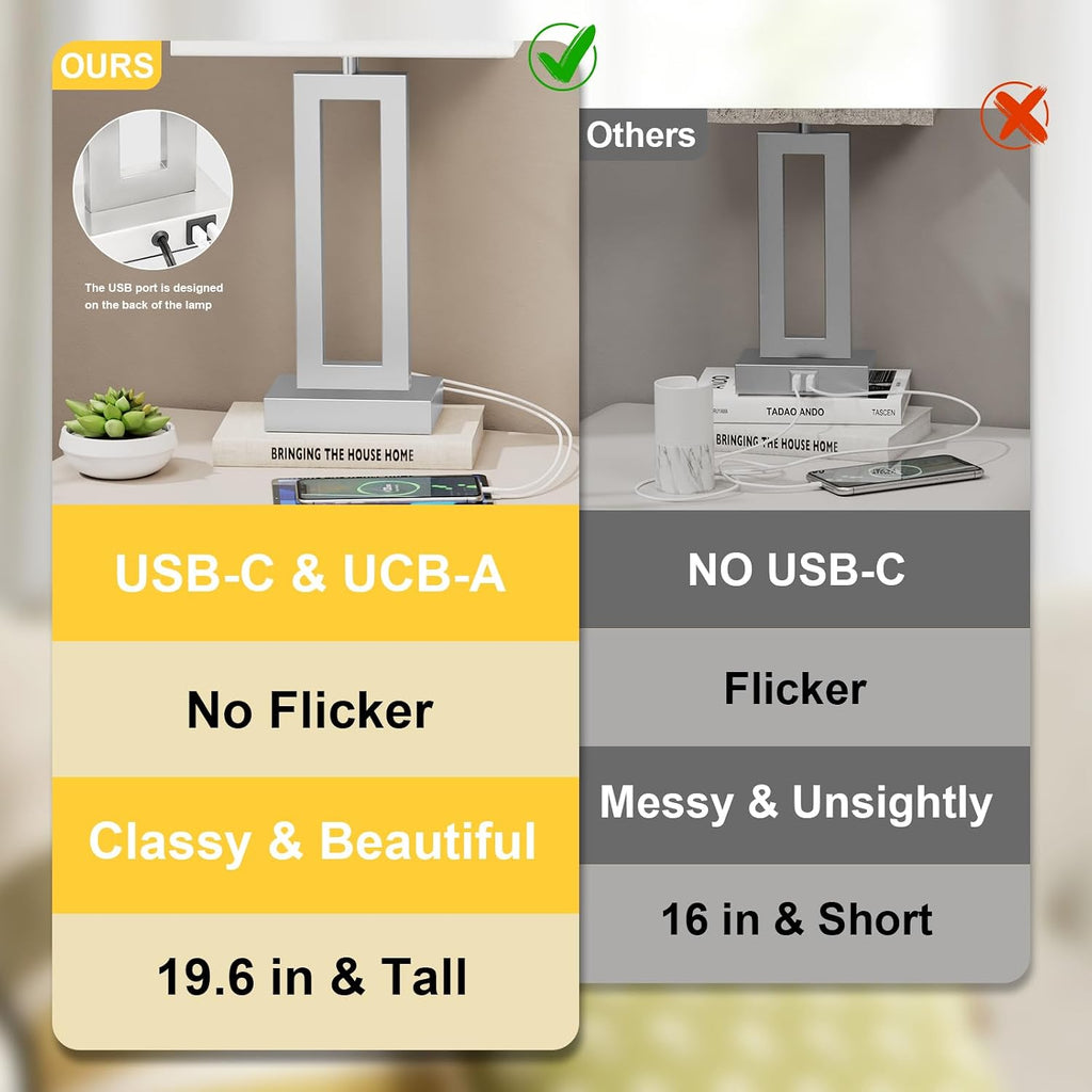 Seealle 22" Tall Bedroom Lamps for Living Room - Touch Brushed Nickel Bedside Lamps with USB C+A, 3 Way Dimmable Lamp for Nightstand, Modern Night Stands Lamps for End Tables(White&Silver)