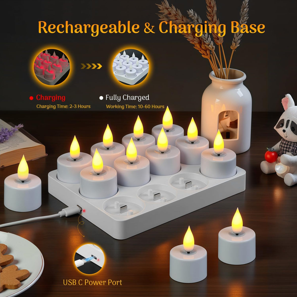 Lacasa Rechargeable LED Tea Lights, 12 Pack Flameless Candles with Remote