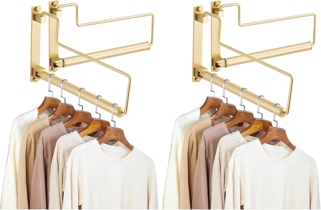 NEWRAIN Clothes Drying Rack, Laundry Racks for Drying Clothes, Wall Mounted Swing Arm Clothes Hanger for Laundry Room, Garage, Indoor & Outdoor Use,Brushed Gold (Pack of 2)