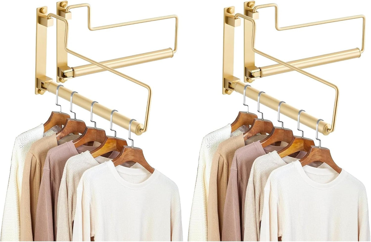 NEWRAIN Clothes Drying Rack, Laundry Racks for Drying Clothes, Wall Mounted Swing Arm Clothes Hanger for Laundry Room, Garage, Indoor & Outdoor Use,Brushed Gold (Pack of 2)