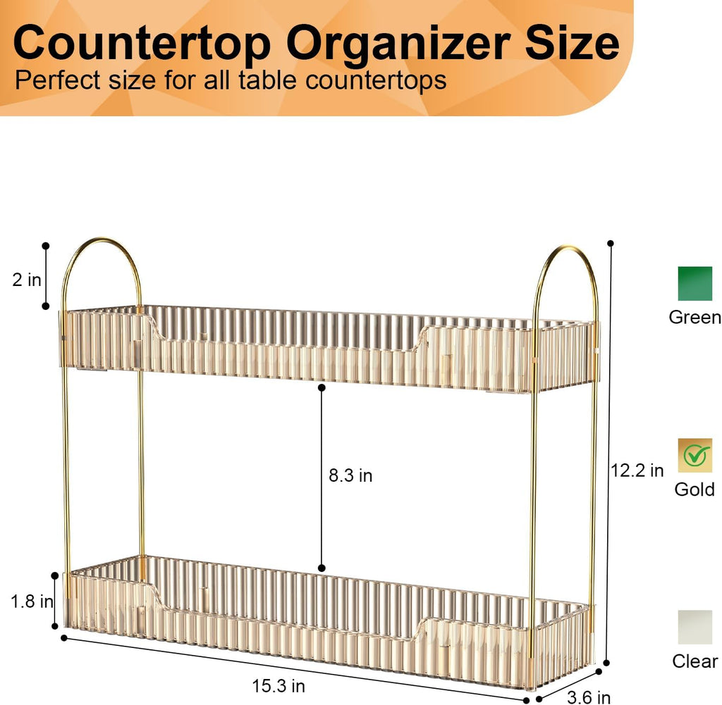 GTI Narrow Bathroom Organizers and Storage, 2 Tier Rectangle Makeup Counter Organizer, Perfume Cosmetics Skincare Vanity Organizers, Dresser Countertop Organizer for Women (Gold)