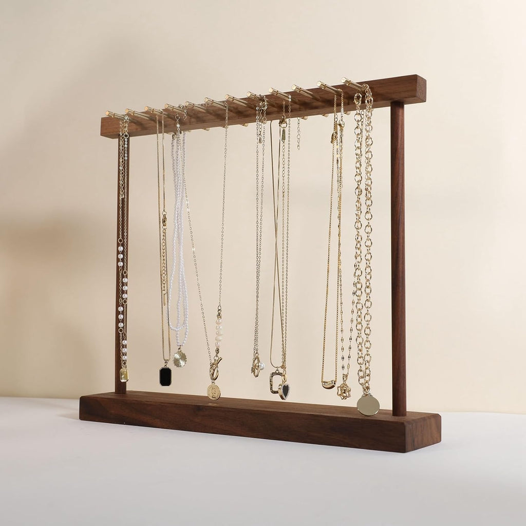 Medium necklace hanger shelf with 12 copper bars, Wooden jewelry storage organizer rack for hanger necklace bracelet, necklace display stand for boutique store【Walnut】