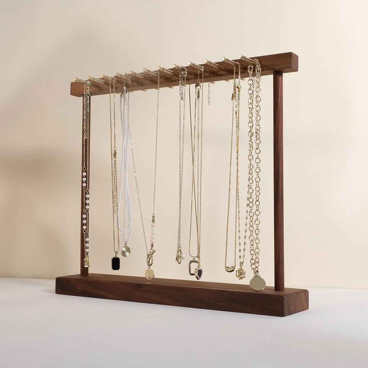 Medium necklace hanger shelf with 12 copper bars, Wooden jewelry storage organizer rack for hanger necklace bracelet, necklace display stand for boutique store【Walnut】