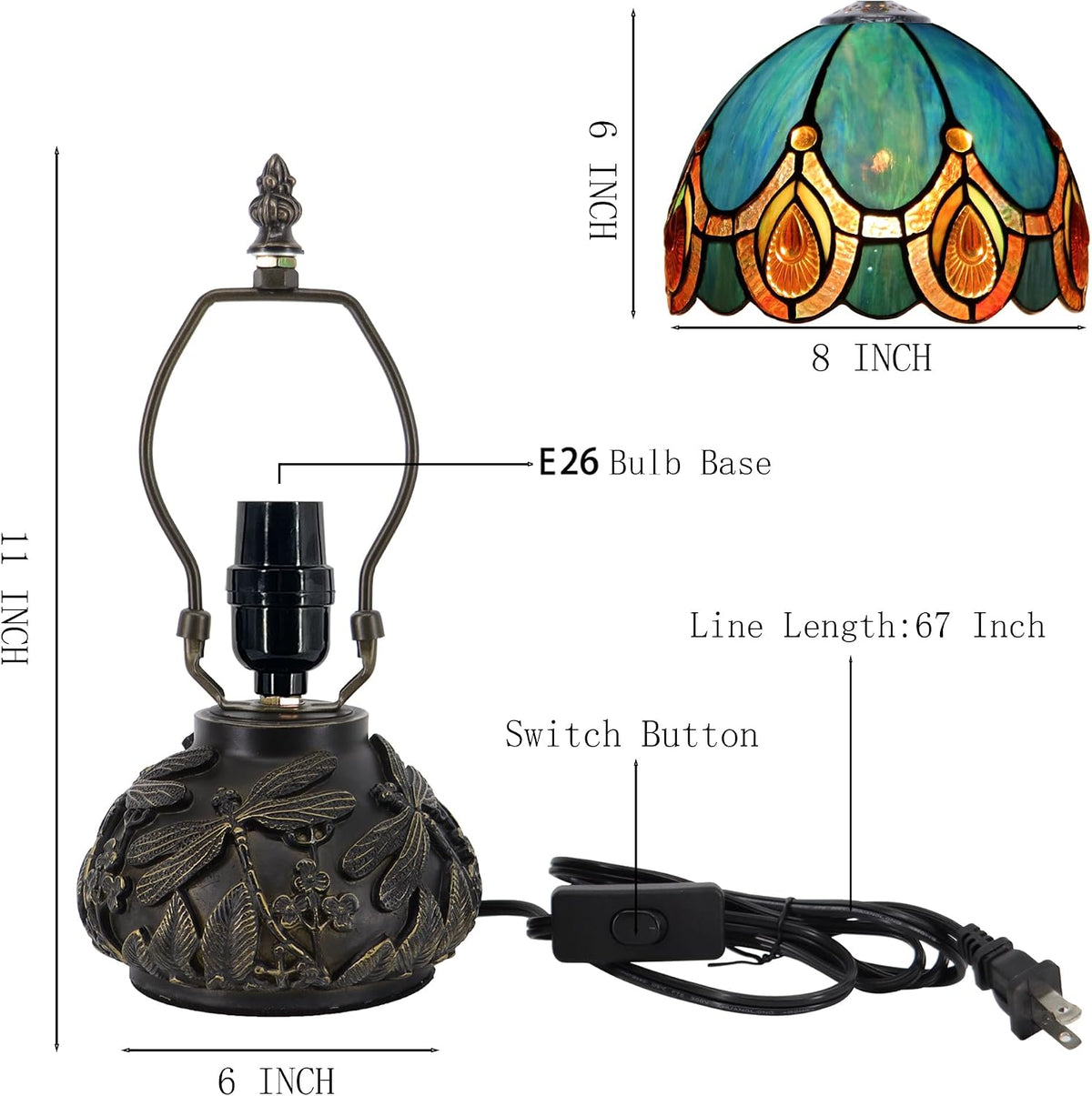 Small Tiffany Mushroom Table Lamp,Mini Memory Sympathy Antique lamp 8X11 Inch (Peacock Crystal)