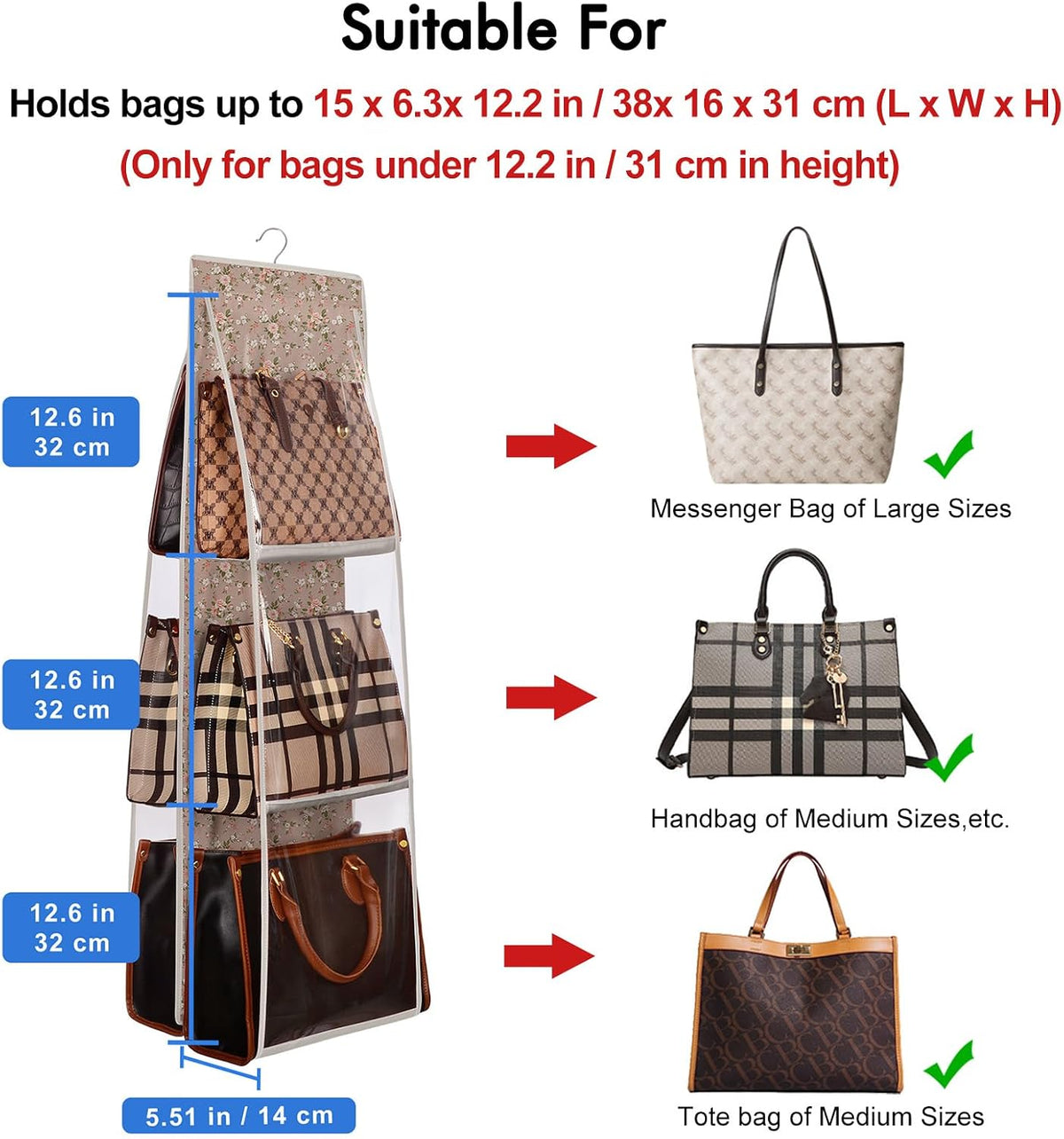 Lirex Medium and Large Handbag Hanging Purse Storage Organizer, Oxford Cloth Closet for Bedroom, Foldable and Universal Fit, Light Khaki Camellia