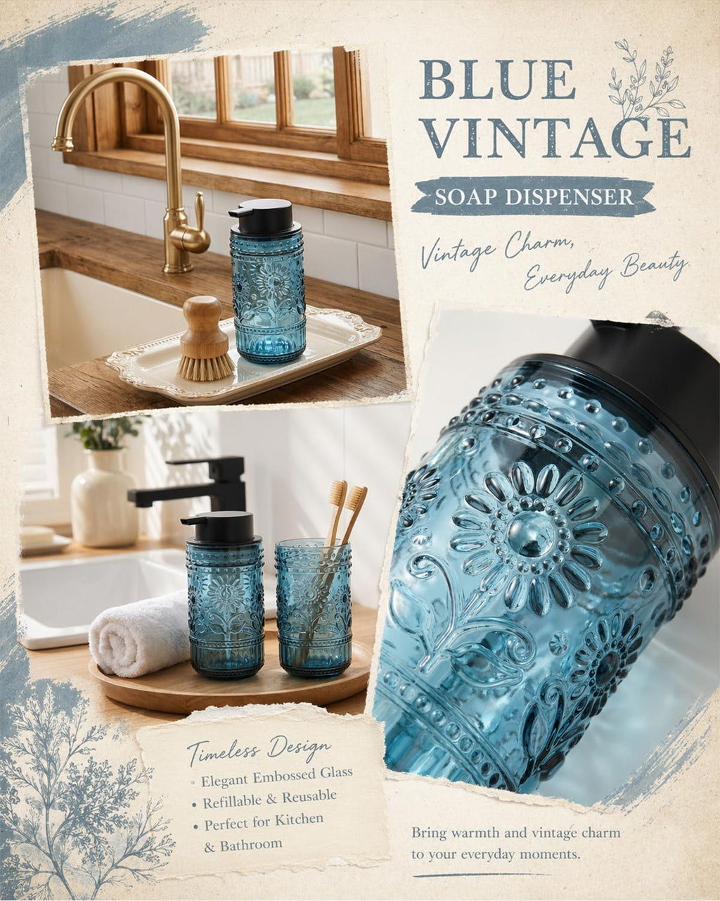 Glass Foaming Soap Dispenser, Vintage Foam Hand Soap Dispenser, Blue