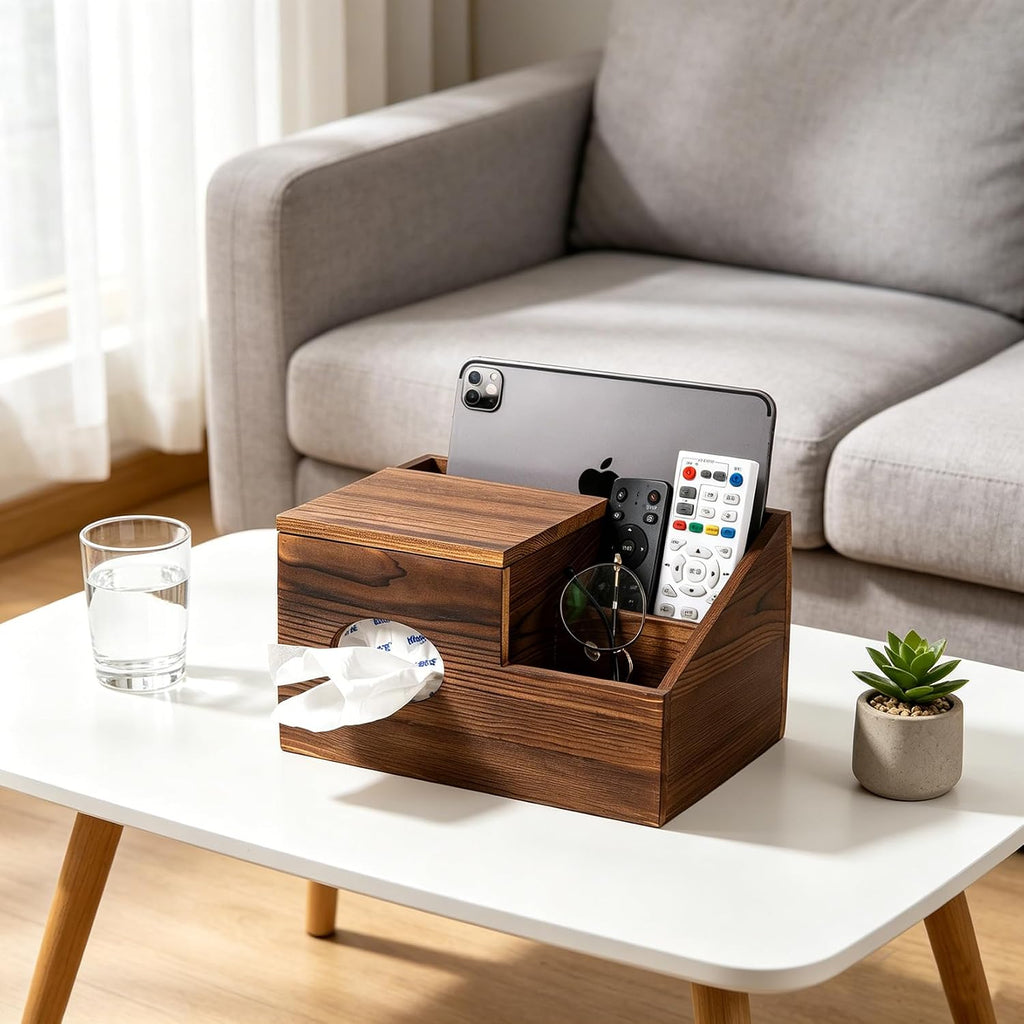 Deluxe Dark Rustic Brown Wooden Remote Control Caddy with Tissue Box Cover – Multi-Compartment Organizer for TV Remotes, Phones, Tablets and Living Room Essentials