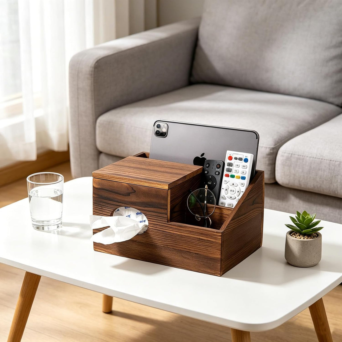 Deluxe Dark Rustic Brown Wooden Remote Control Caddy with Tissue Box Cover – Multi-Compartment Organizer for TV Remotes, Phones, Tablets and Living Room Essentials