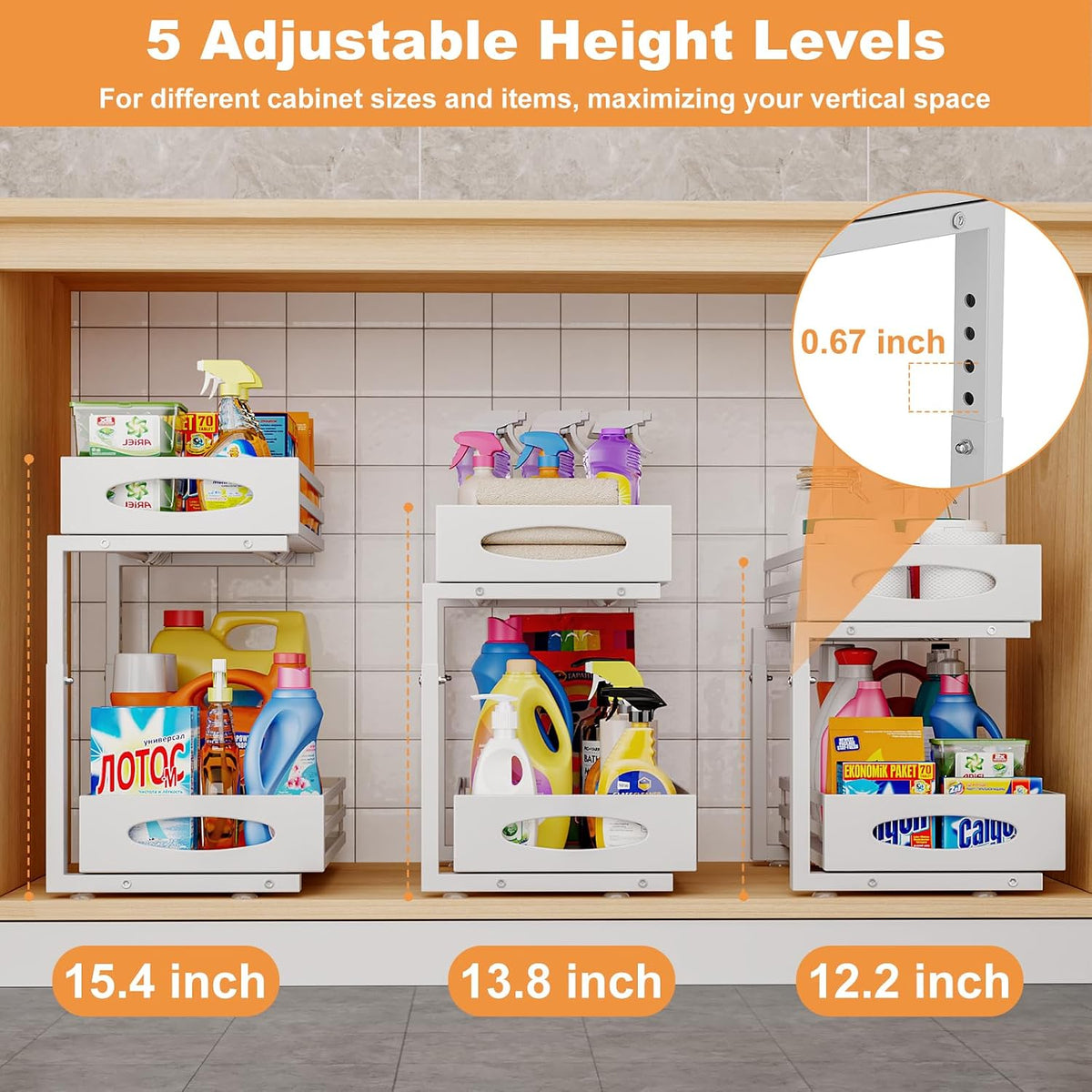 Under Sink Organizer, 2 Tier Under Sink Organizers and Storage, Adjustable Height, Slide out Metal Cabinet Organizers, Pull out Cabinet Storage Drawer Shelf for Kitchen Bathroom (White, 2 Pack)
