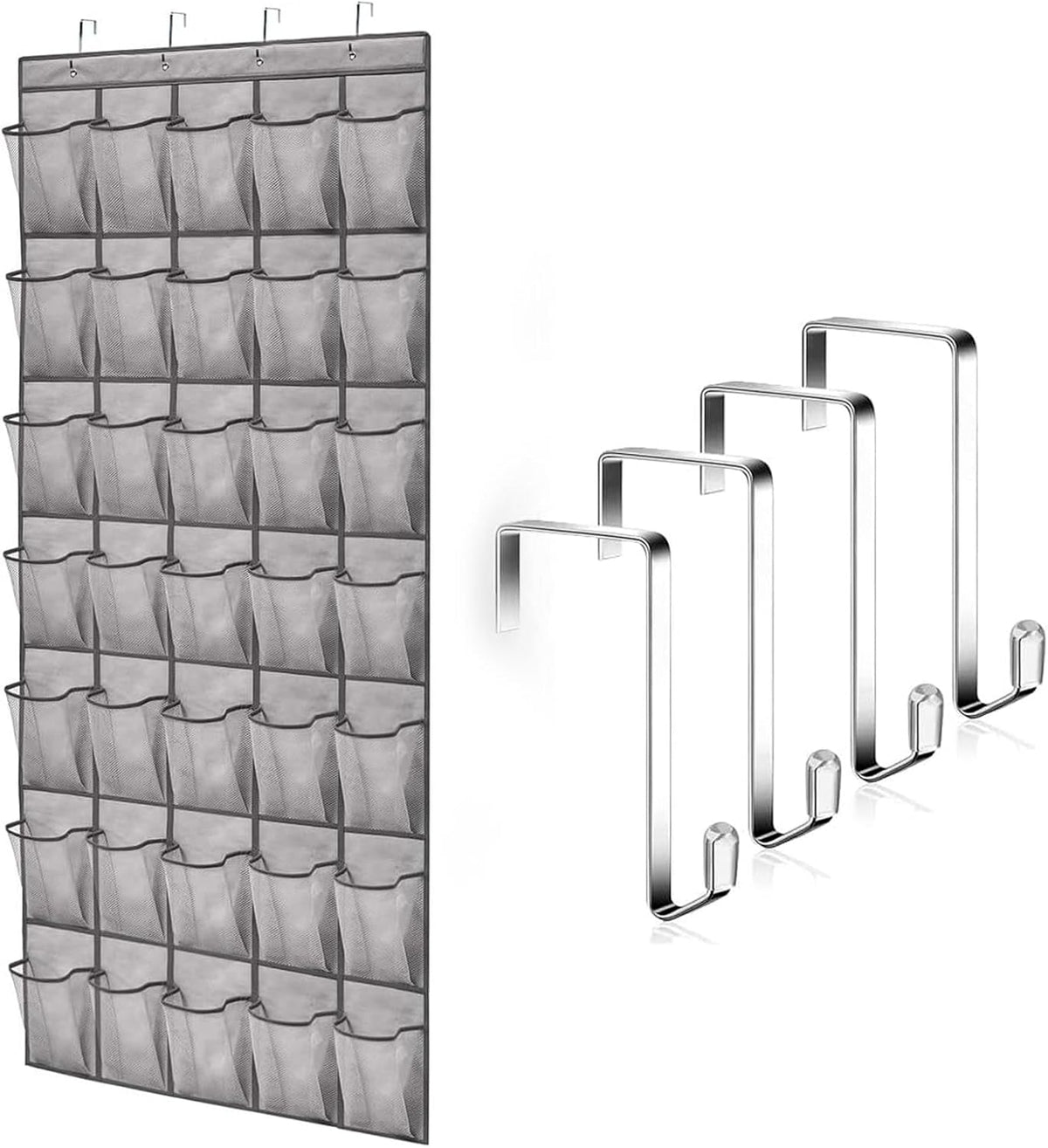 35 Large Pockets Over The Door Shoe Organizer – Sturdy Oxford Fabric Hanging Shoe Rack with Mesh Pockets, Door Shoe Rack with 4 Metal Hooks, Space-Saving Shoe Holder, Gray