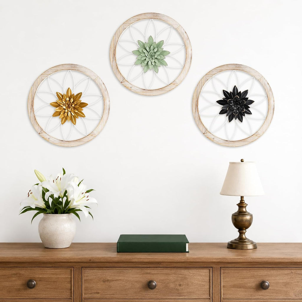 Paquesta 3 Piece Round Farmhouse Wall Decor with 6 Piece Interchangeable Flowers 15.75'' Medallion Wood & Metal Rustic Wall Art for Living Room Bedroom Kitchen Bathroom Dining Room Home Decorations (large white wheel)