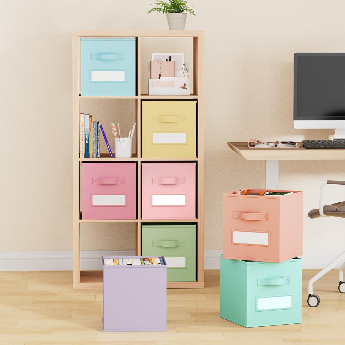 11 inch Fabric Storage Cubes 8 Pack with labels Window, Foldable Storage Bins for Shelves and Closet Organizers, Colorful Storage Basket for Nursery Kids Room Clothes Book Toy