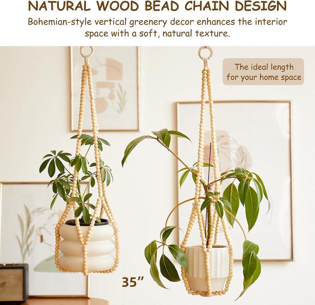 Boho Wood Bead Macrame Plant Hangers, 2Pack Handmade Beaded Hanging Planter Holders for Indoor with 4 Hooks, Fits 4–8 Inch Pots, Hanging Basket for Living Room Bedroom Patio Balcony Home Decor
