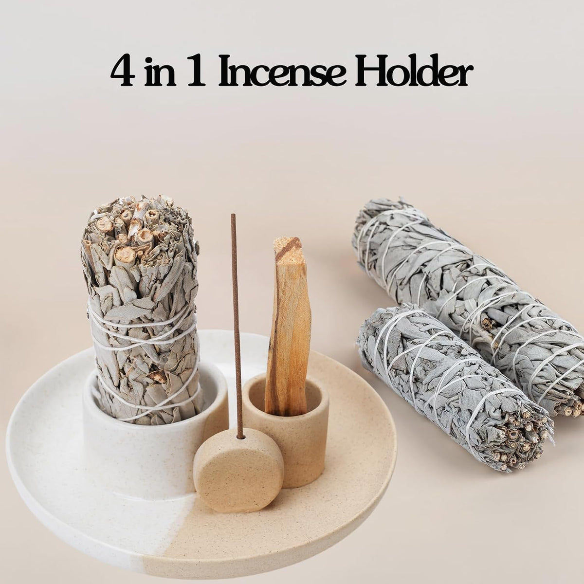 4 in 1 Incense Holder, Ceramic Incense Stick and Palo Santo Holder,Sage Holder for Burning- 4.25" Ceramic Ash Catcher Tray for Meditation and Yoga Room (White Sand)