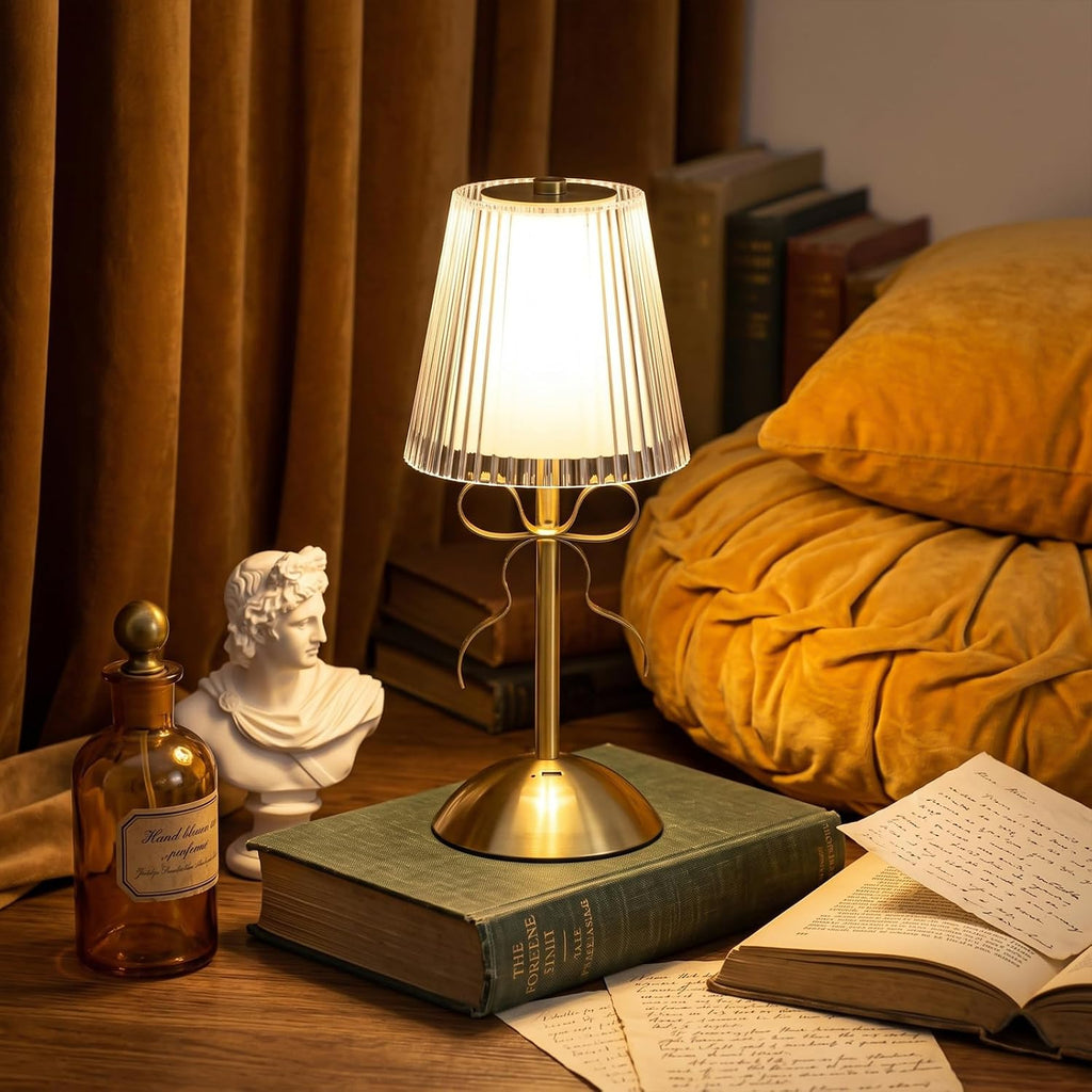 Liliful 2 Pcs Cordless Table Lamp LED Touch, Gold, Hollow Lined Style Bow