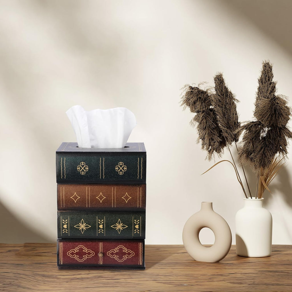 Antique Wooden Book Tissue Box Cover with Storage Drawer, Green Top