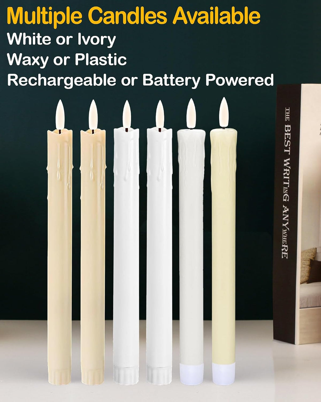 Gmnee 9.6" Taper Rechargeable Candles with Remote and Timer, Ivory
