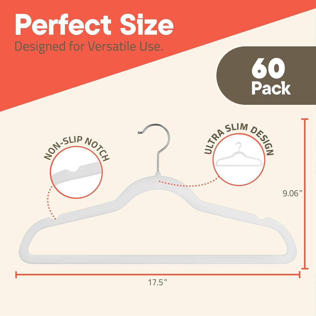 White Velvet Hangers 60 Pack – 360° Swivel Hook, Non-Slip and Space Saving Hangers, Heavy-Duty 11 lbs Weight Capacity - Smooth Velvet Finish for Crease-Free Clothes and Effortless Closet Organization