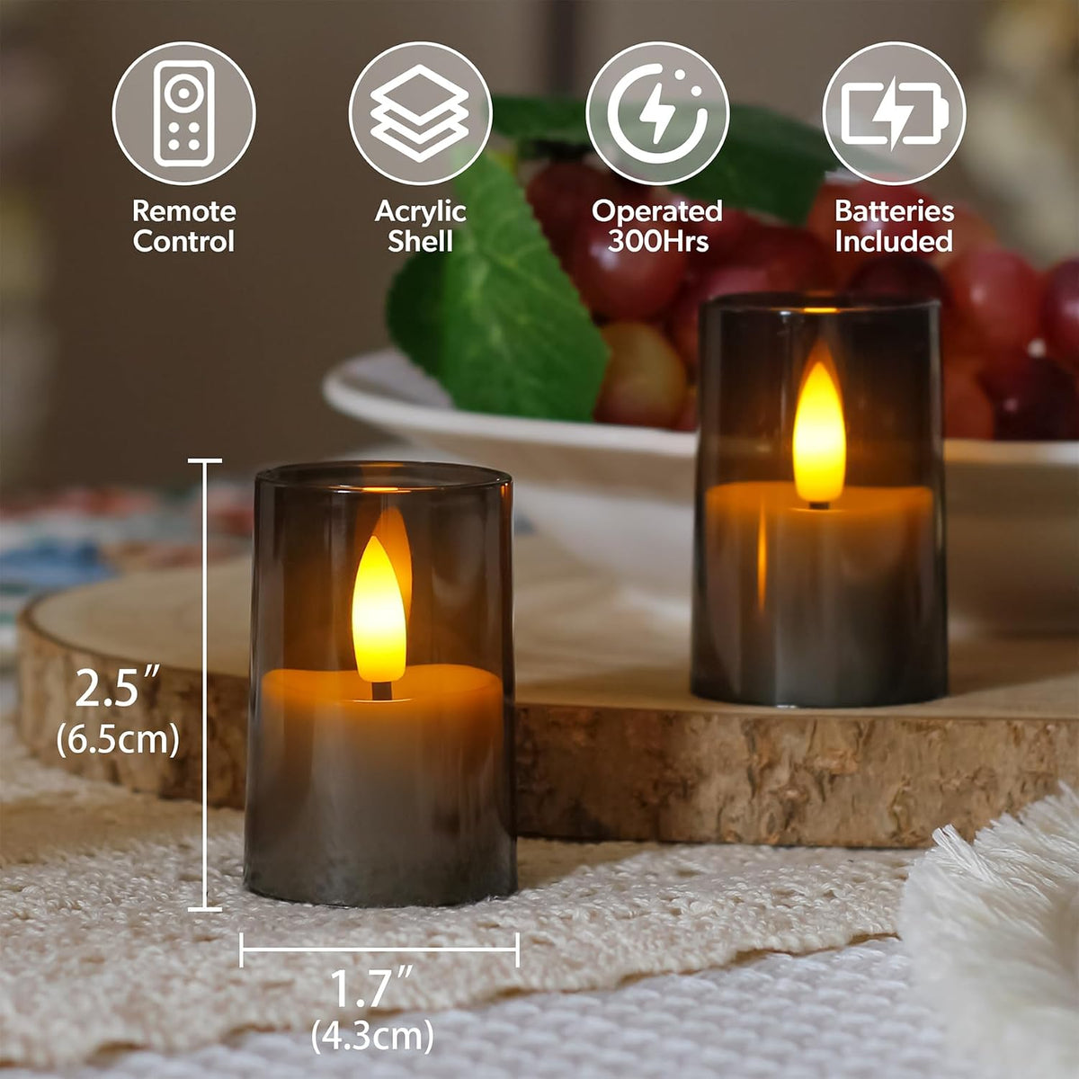 Flameless D: 1.7" H: 2.5" Small Tea Light LED Candles, Acrylic Battery Operated Votive with Remote Control and Timer, Tealight Grey Flickering Warm Light Pack of 15 Electric Long Lasting