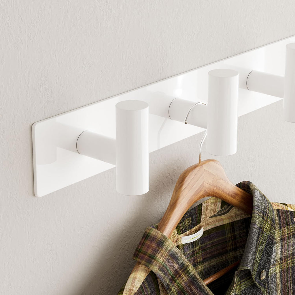 White Wall Mounted Coat Rack – 5 T-Shaped Hooks on 16.5" Rail, (1 Pack)
