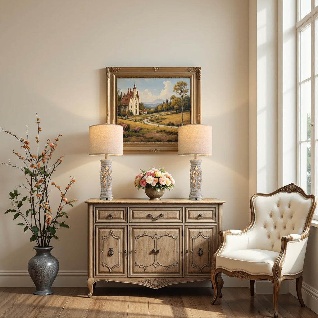 27.25”Farmhouse Table Lamps Set of 2 with Night Light, Rustic Bedside Lamp