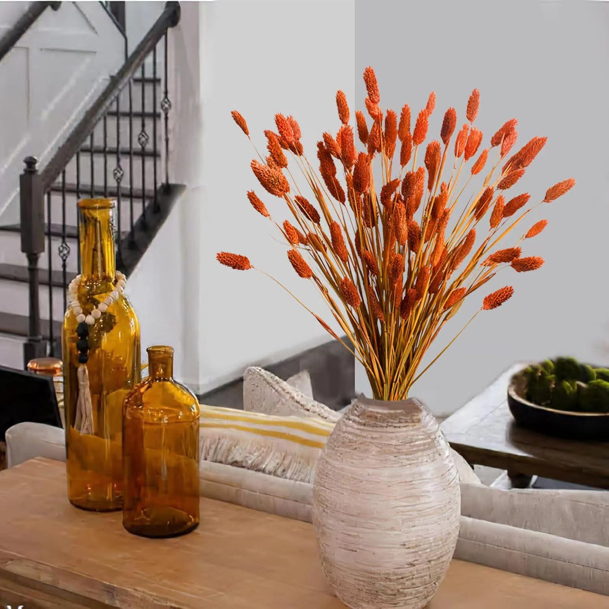 120Pcs Orange Pampas Grass Bunny Tails Dried Flowers, 17" Dried Fall Flowers Pampas Grass Bunny Tails Bulk Decor Orange Dried Flowers Bouquet Flower Arrangements for Fall Home Decor Wedding