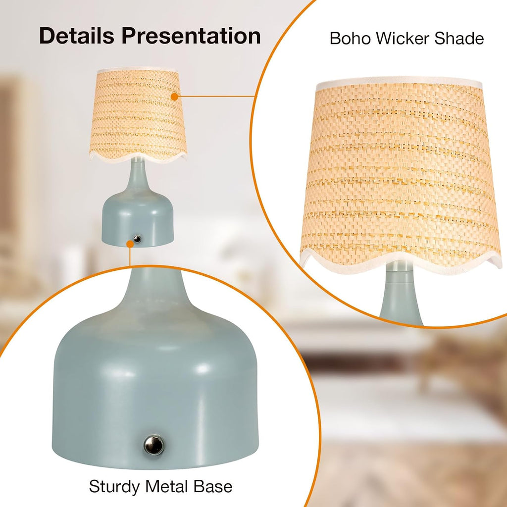 Cordless Boho Table Lamp Blue, Scalloped Wicker Shade, 5200-mAh Rechargeable Battery, 3-Way Dimmable, Build-in Integrated LED 320 Lumen Max, for Bedside Living Room