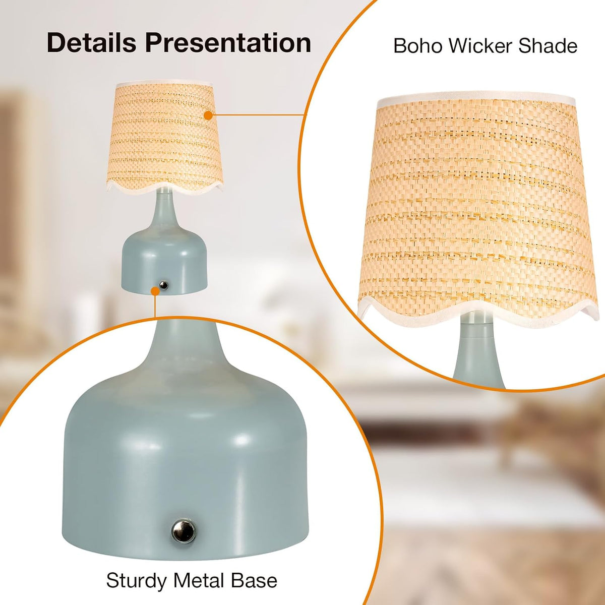Cordless Boho Table Lamp Blue, Scalloped Wicker Shade, 5200-mAh Rechargeable Battery, 3-Way Dimmable, Build-in Integrated LED 320 Lumen Max, for Bedside Living Room