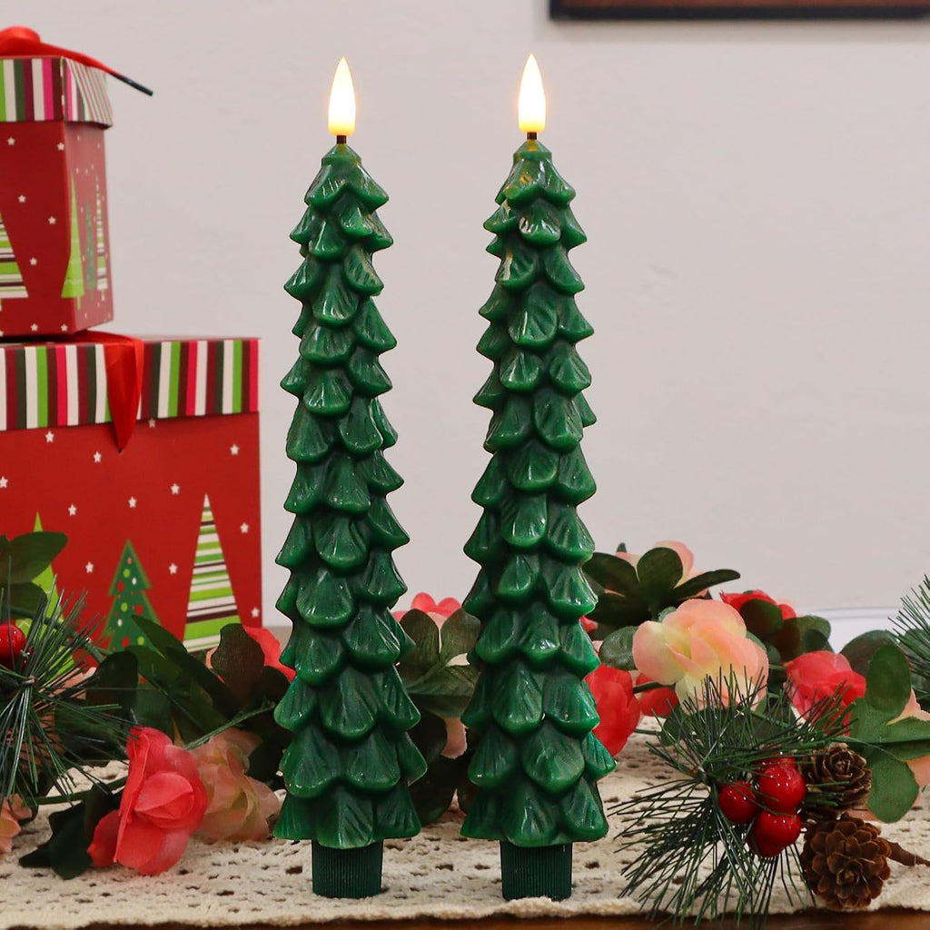 Christmas Tree Candles with Remote Timer, 2 Pack Flameless LED Taper Candles Battery Operated, 3D Flame Flickering, Green Waxy Christmas Candlesticks for Home Fireplace Decor, 0.78" x 9.5"
