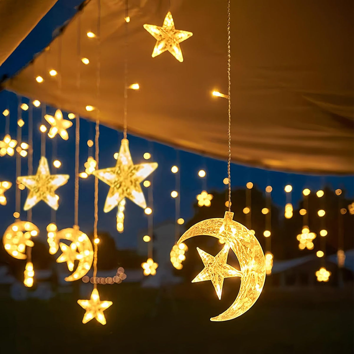 Moon and Stars Decor Curtain Lights, 11.5ft String Lights for Bedroom, Christmas, Ramadan Decor, Indoor LED Fairy Twinkle Light, Battery Operated or USB Plug-in (Yellow)