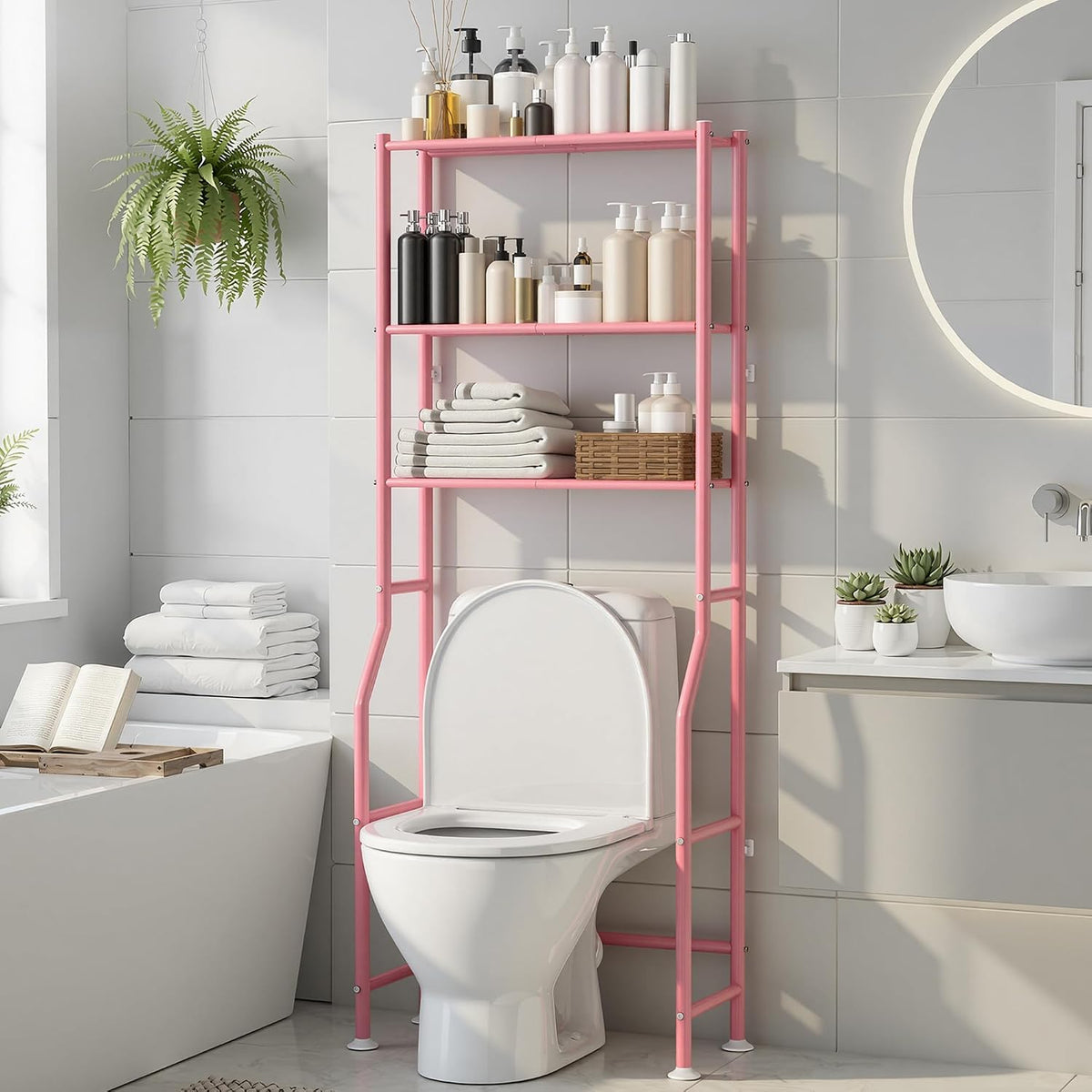 3-Tier Over Toilet Storage Cabinet, No Drilling, 64" H, Pink