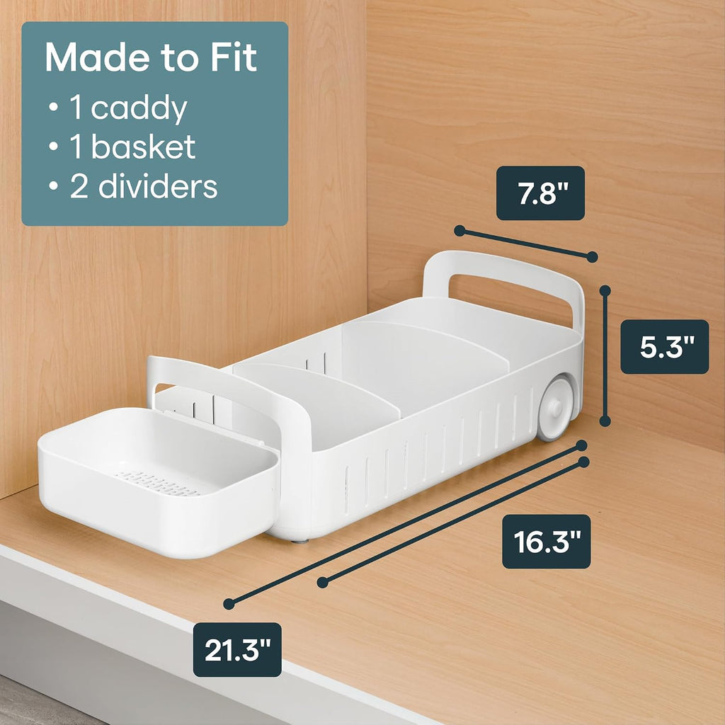 YouCopia RollOut Caddy Rolling Storage Bin with 2 Adjustable Dividers and Removable Basket for Kitchen and Bathroom Under Sink Organization, 8" Wide