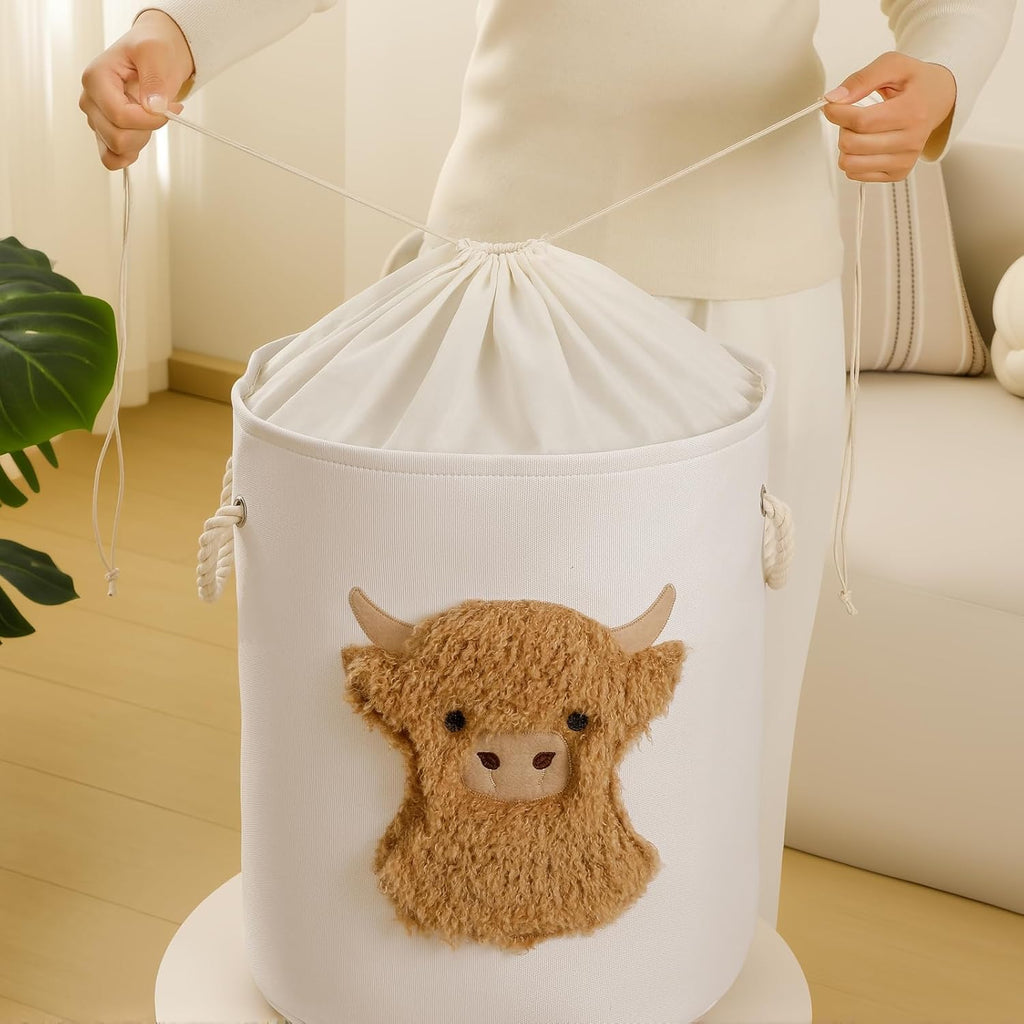 Kids Laundry Basket Baby Hamper for Nursery, 58L Large Dirty Clothes Hampers with Drawstring Closure, Highland Cow Baby Stuff Storage Basket, Stuffed Animal Storage Basket Canvas Toy Laundry Hamper