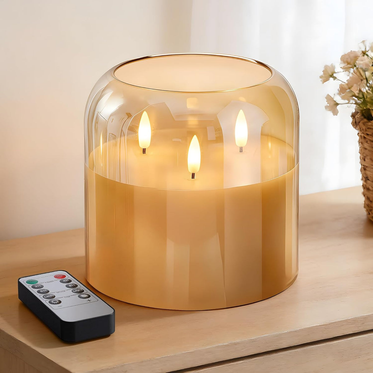 3 Wick Flameless Candle with Remote, Gold Glass, Wax, Battery Operated LED