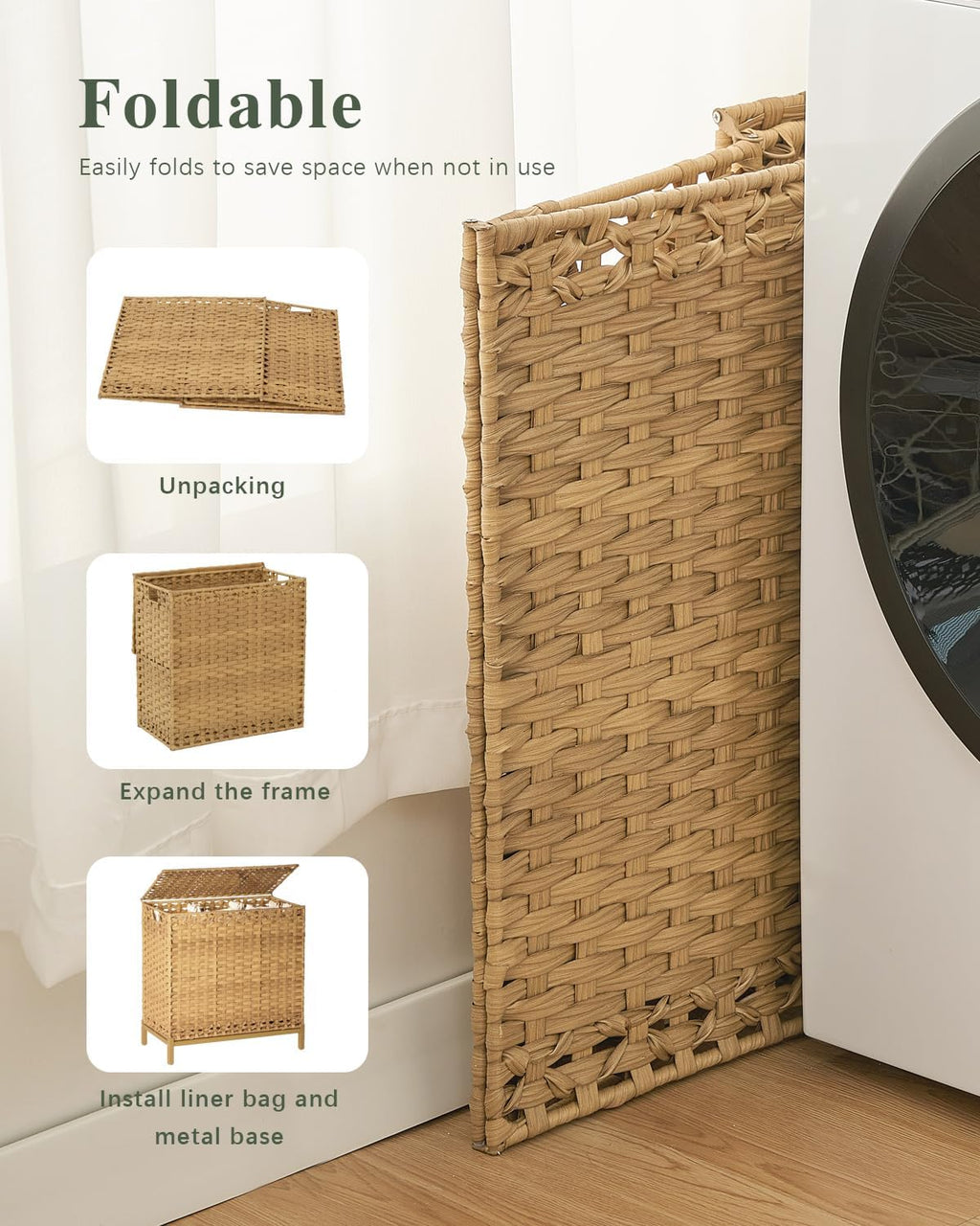 SETVSON Laundry Hamper with Lid, 35 Gal 3-Bag Clothes Sorter, Natural
