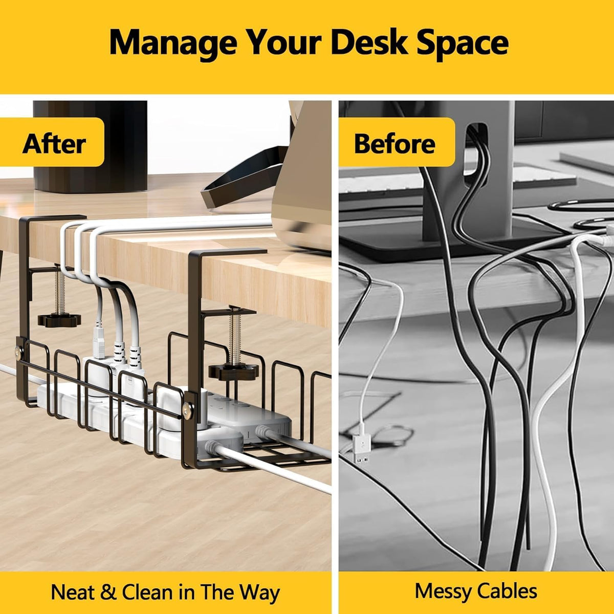 15.7 Inch Under Desk Cable Management Tray - Black No Punch Wire Organizer Holder, Sturdy Metal Rack for Power Strip, Desk Cable Organizer for Home, Office, Standing Desk, Gaming & Streaming Setup