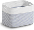 ICERZCZ Woven Cotton Rope Storage Basket for Organizing, Cute Decorative Baskets for Gifts Empty, Organizer Bins for Dog Toy, Baby Laundry, 15“×11”×9.5“, Off White & Blue