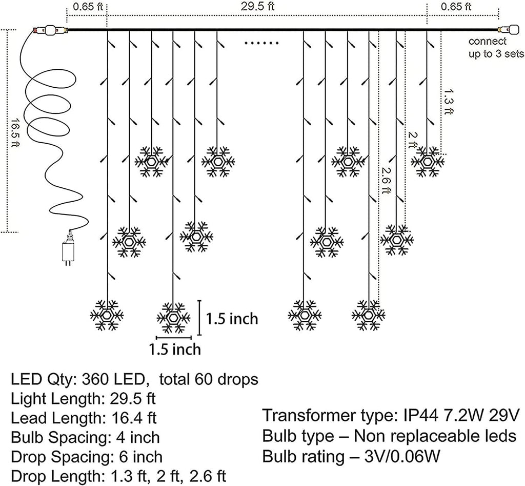 weillsnow White Icicle Lights Outdoor, 29.5 FT 360 LED Snowflake Icicle Lights with 72 Drops,Connectable Waterproof Hanging Christmas String Light for Indoor Outdoor Eaves Window Porch Decoration
