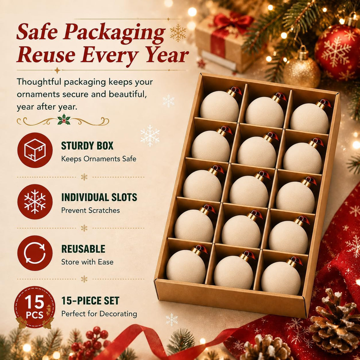 Velvet Christmas Balls Ornaments 15 Pcs, 3.15 Inch Cream White Flocked Xmas Tree Ball Ornaments Shatterproof, Velvet Christmas Ornaments Set Bulk for Xmas Tree Holiday Wedding Party Decor