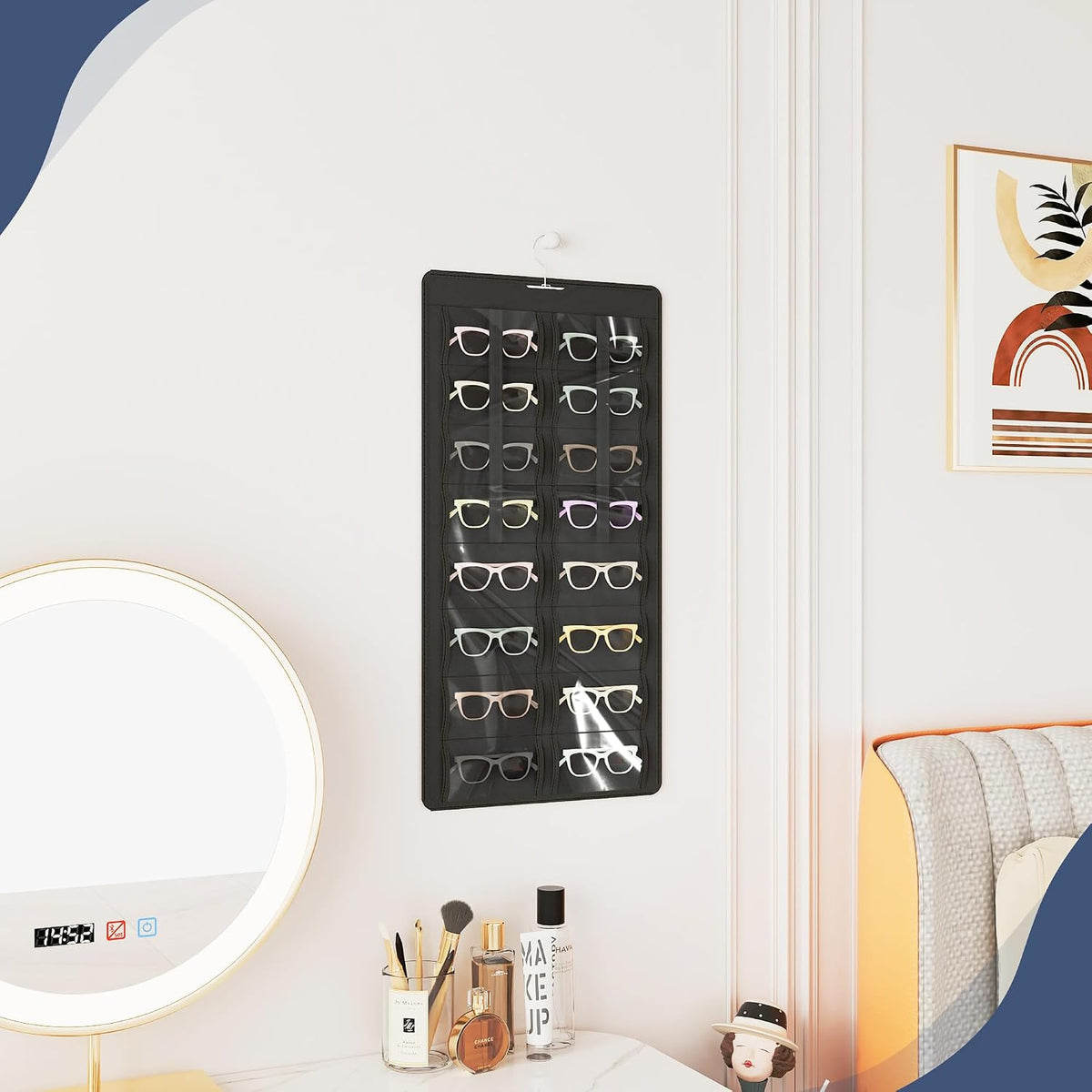 Hanging Sunglasses Organizer and Storage, 32 Slots Jewelry Holder, Black