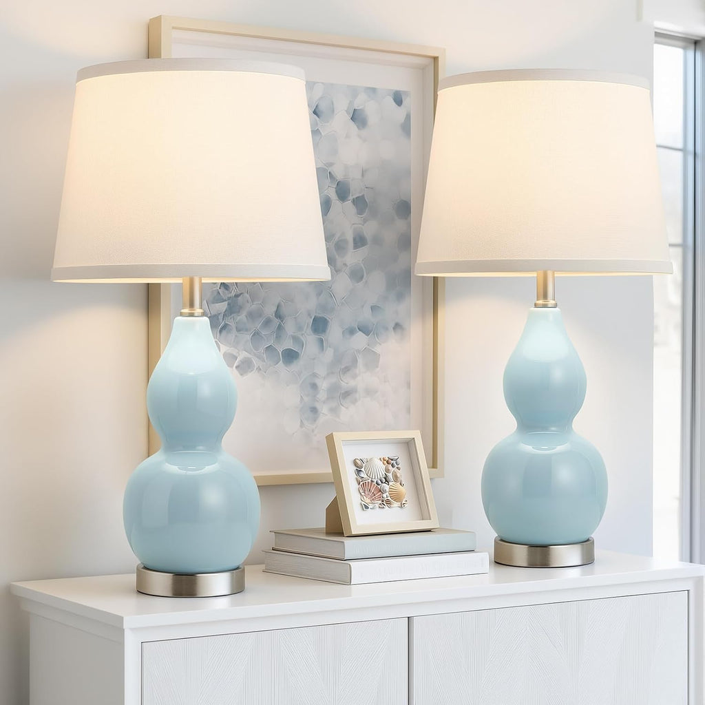 GyroVu 22" Table Lamp Set of 2, Color Temperature Adjustable Double Gourd Ceramic Lamps Classic Nightstand Table Lamps for Bedroom Beside Lamps for Living Room, Sky Blue-Bulbs Included