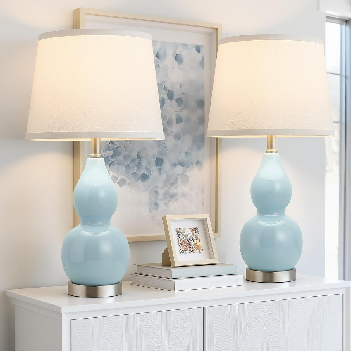 GyroVu 22" Table Lamp Set of 2, Color Temperature Adjustable Double Gourd Ceramic Lamps Classic Nightstand Table Lamps for Bedroom Beside Lamps for Living Room, Sky Blue-Bulbs Included
