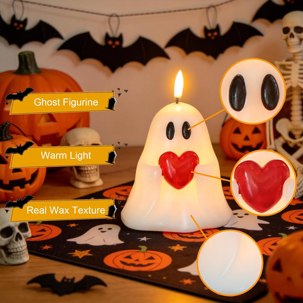 Halloween Ghost Flameless Candles with 6H Timer Hand-Painted Heart