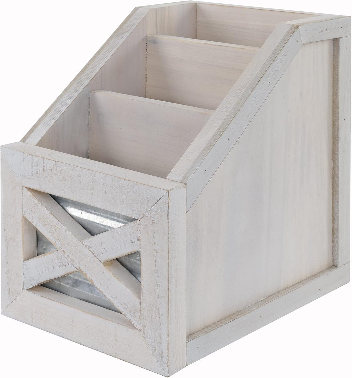 Autumn Alley Rustic Farmhouse Desk Organizer - 3-Slot Multiple Compartment Remote Control Storage Caddy, Barn Door Remote Holder - White