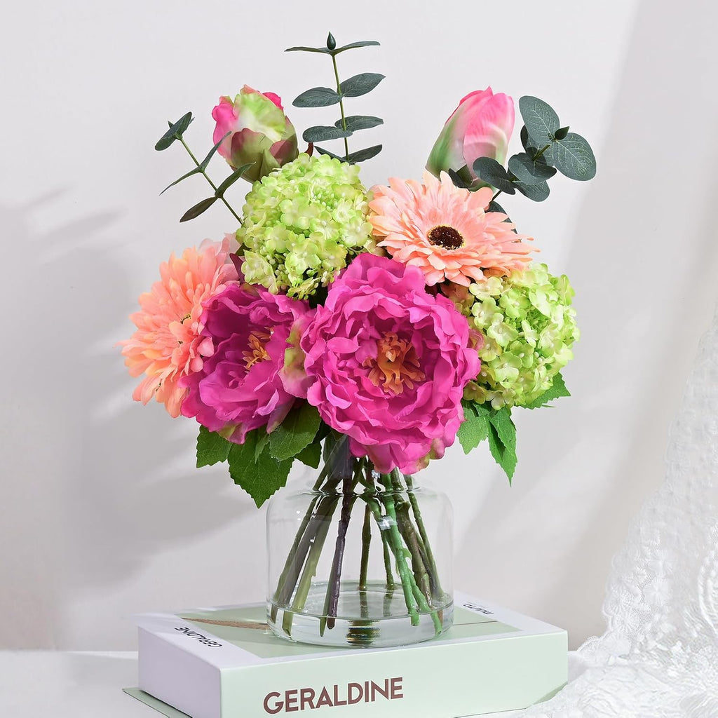 Livole Artificial Faux Flowers with Vase & Water Silk Fake Flowers, Fuchsia
