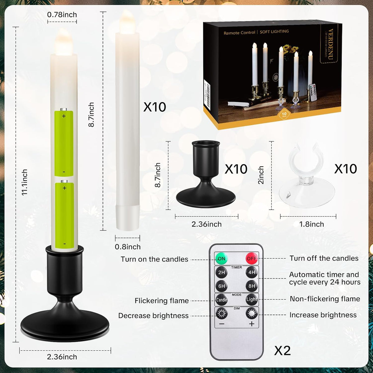 Verdenu 10 Pack Window Candles with Remote Timer, Holders & Suction Cups