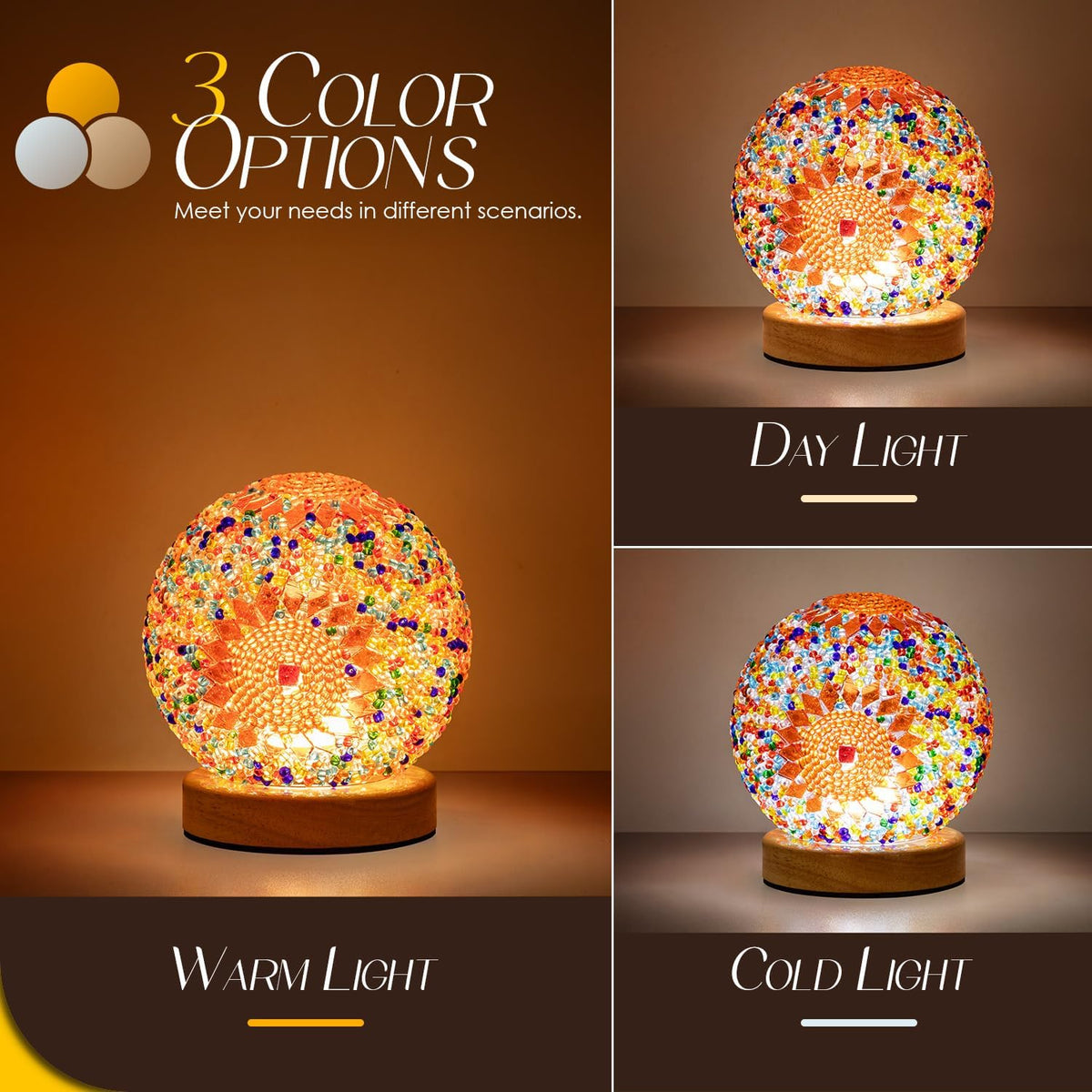 Turkish Mosaic Lamp, 3 Color Temperature Tiffany Bedside Lamp with USB Power, Moroccan Glass Lantern Table Lamp for Living Room Decor, Simple Control (D:4.7" x H:5.2") (Orange1)