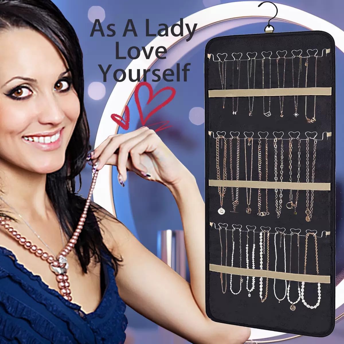 48 Pocket Oxford Fabric Double Sided Hanging Rotating Jewelry Organizer with Hanger Hooks for Earrings, Necklaces, Rings, Bracelets and Other Jewelry Storage